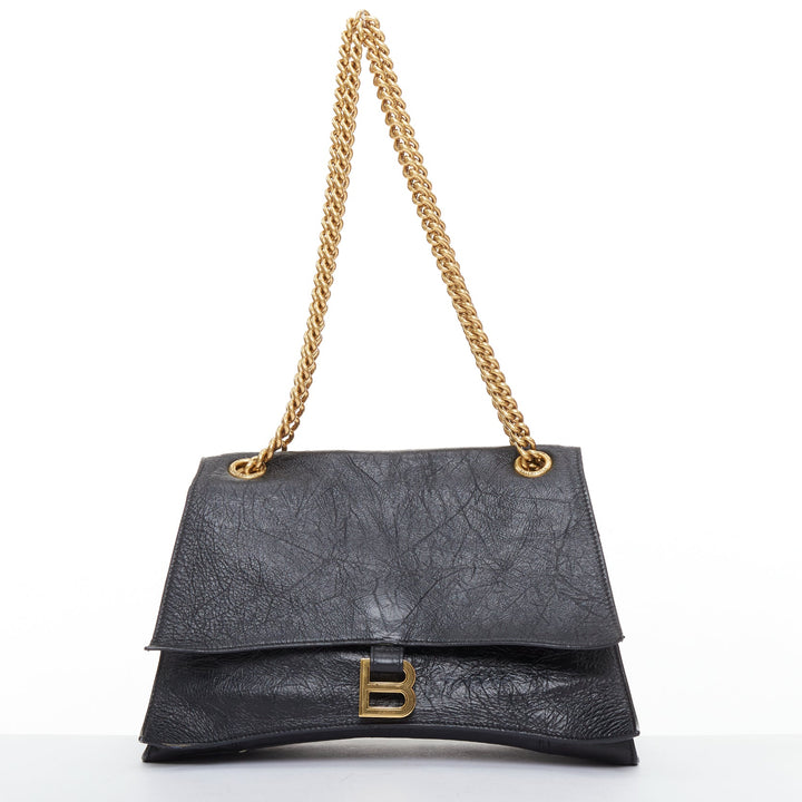 BALENCIAGA Crush Medum  black textured leather gold B chain flap shoulder bag