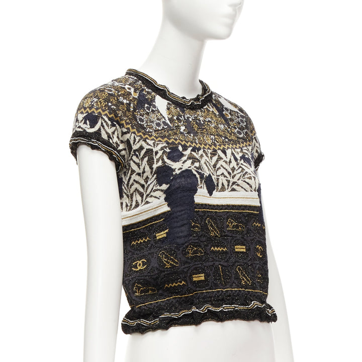 CHANEL 2019 Runway gold Egyptian Hieroglyphics CC cap sleeve sweater FR36 S