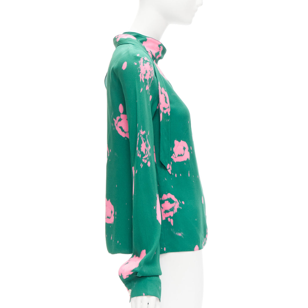 MARNI green pink splatter tie dye print tie neck long sleeve blouse IT38 XS