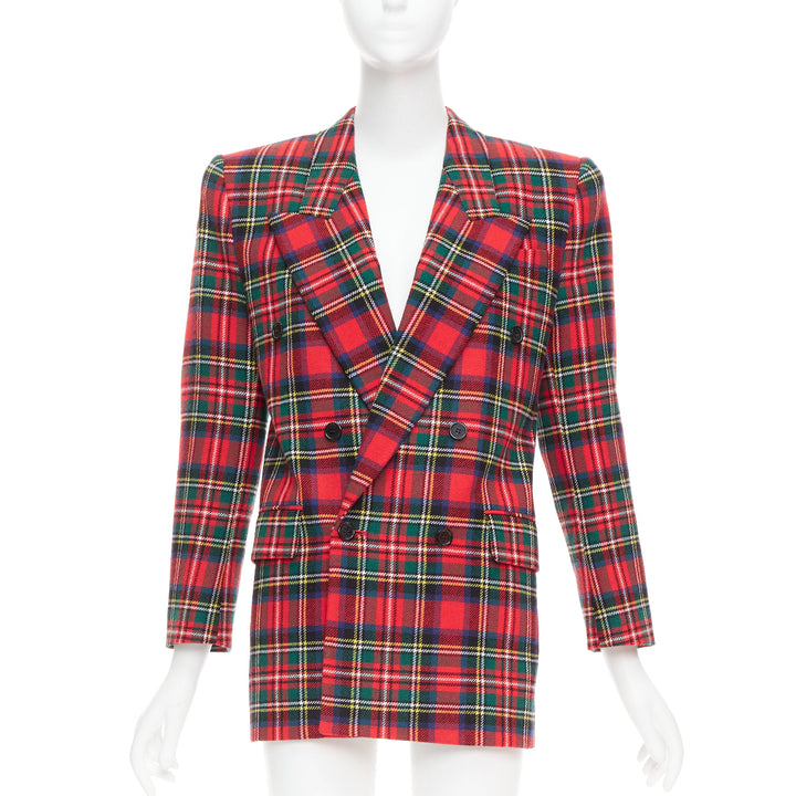 SAINT LAURENT 2023 red scotland plaid wool blend power blazer FR34 XS