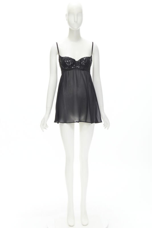 LA PERLA Vintage Ritmo Di Perla black sequins cupped bra sheer negligee top XS
