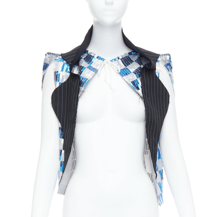 COMME DES GARCONS 2007 blue grey checkered sequin wool trim vest XS