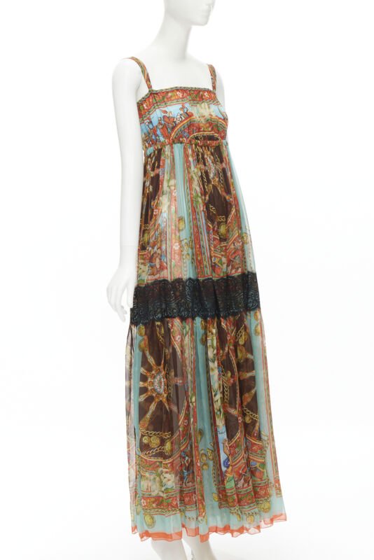 DOLCE GABBANA 2013 Carretto print silk black lace insert maxi dress IT36 XS