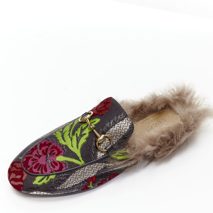 GUCCI Alessandro Michele Princetown floral jacquard fur lined loafer EU36