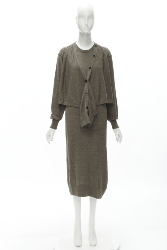 LEMAIRE brown merino wool blend tie front cardigan sweater dress XS