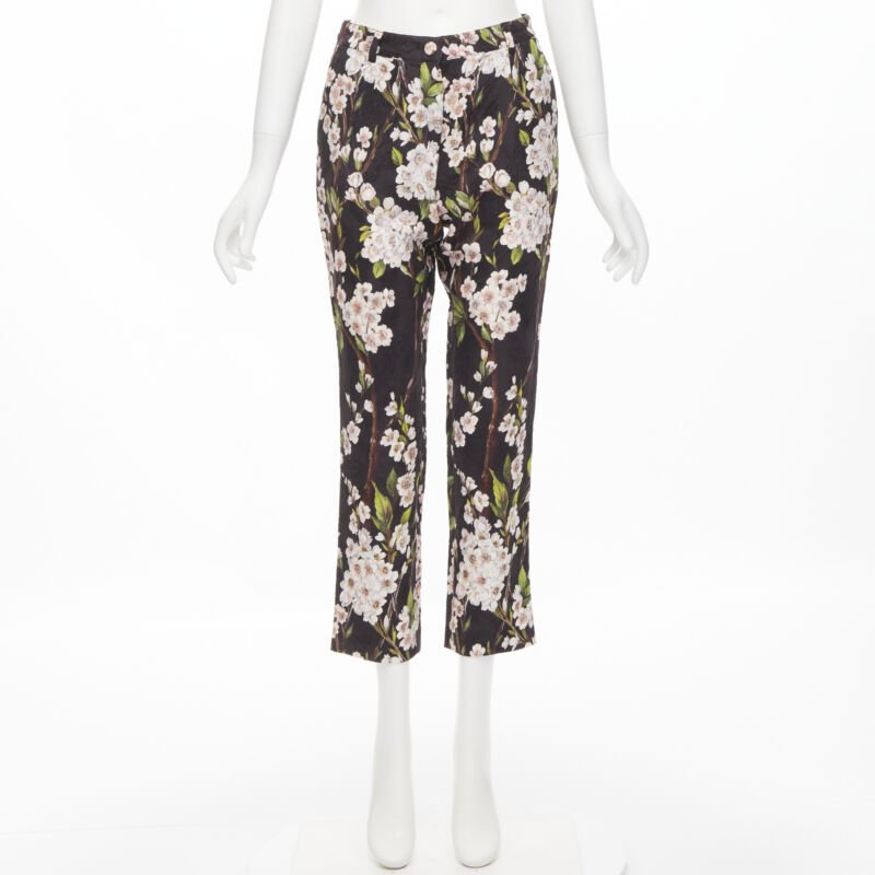 DOLCE GABBANA black pink floral blossom print jacquard cropped pants IT36 XXS