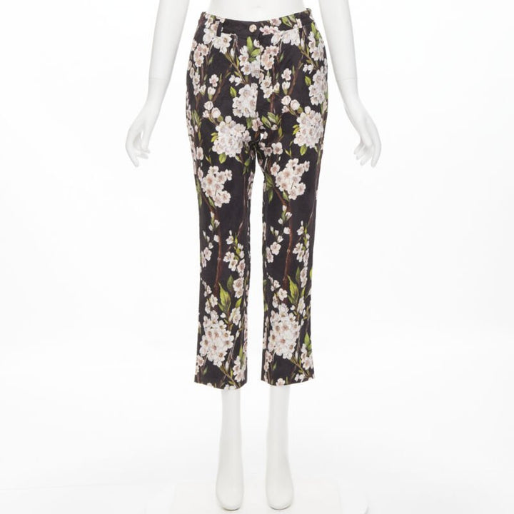 DOLCE GABBANA black pink floral blossom print jacquard cropped pants IT36 XXS