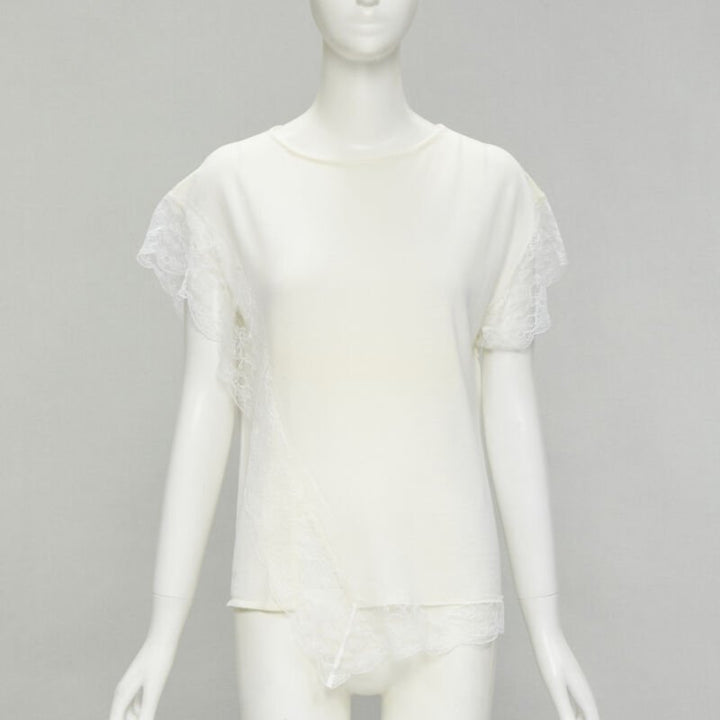 LANVIN cream white wool blend lace trim knitted pullover top M