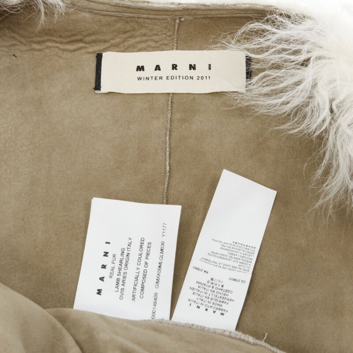 MARNI 2011 cream lamb shearling fur brown wool sleeves winter coat IT38 XS
