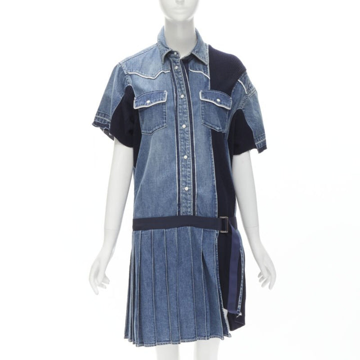 SACAI 2018 washed denim knit insert belted skirt dress JP3 L