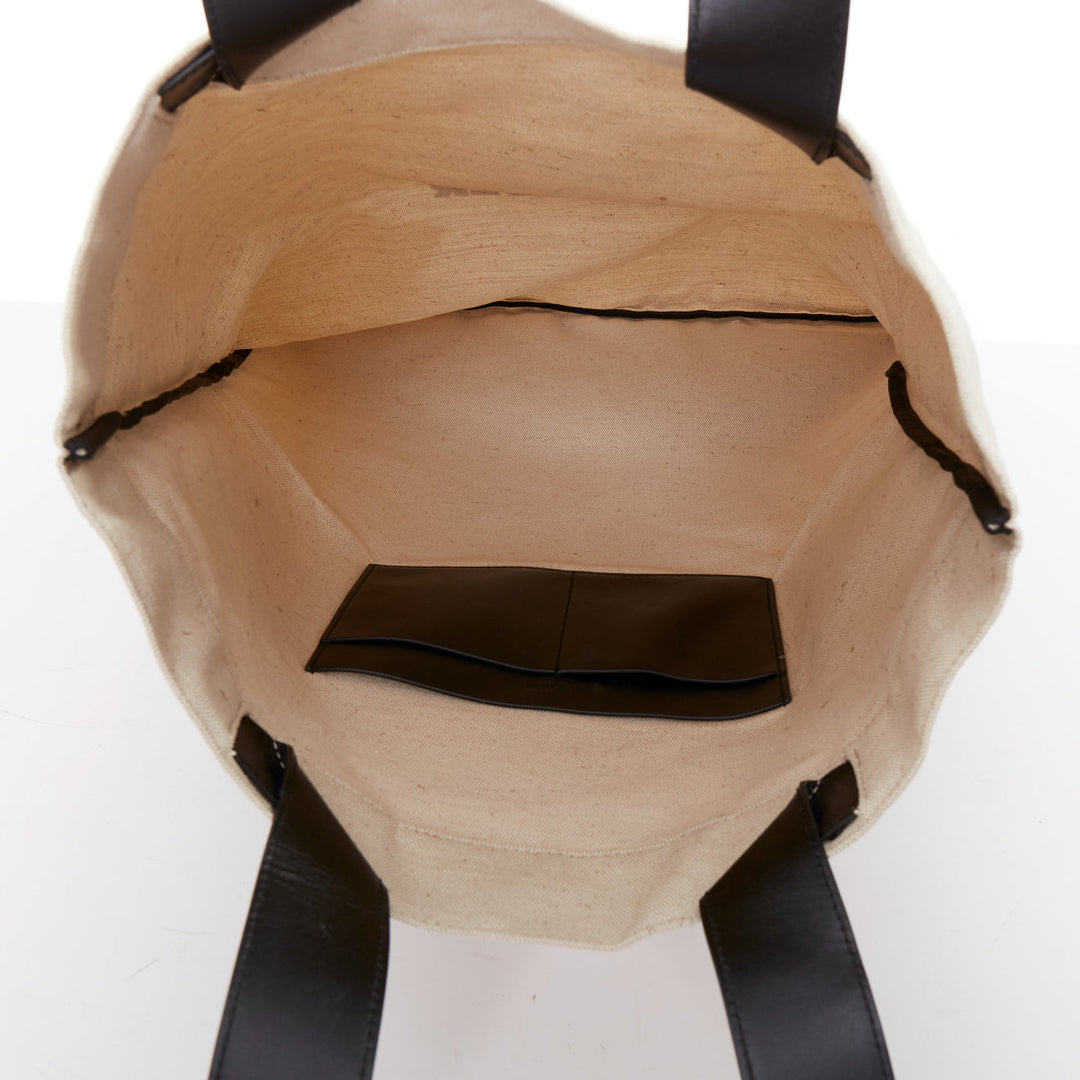 JIL SANDER Logo Print Canvas Long Tote beige canvas black leather trim bag