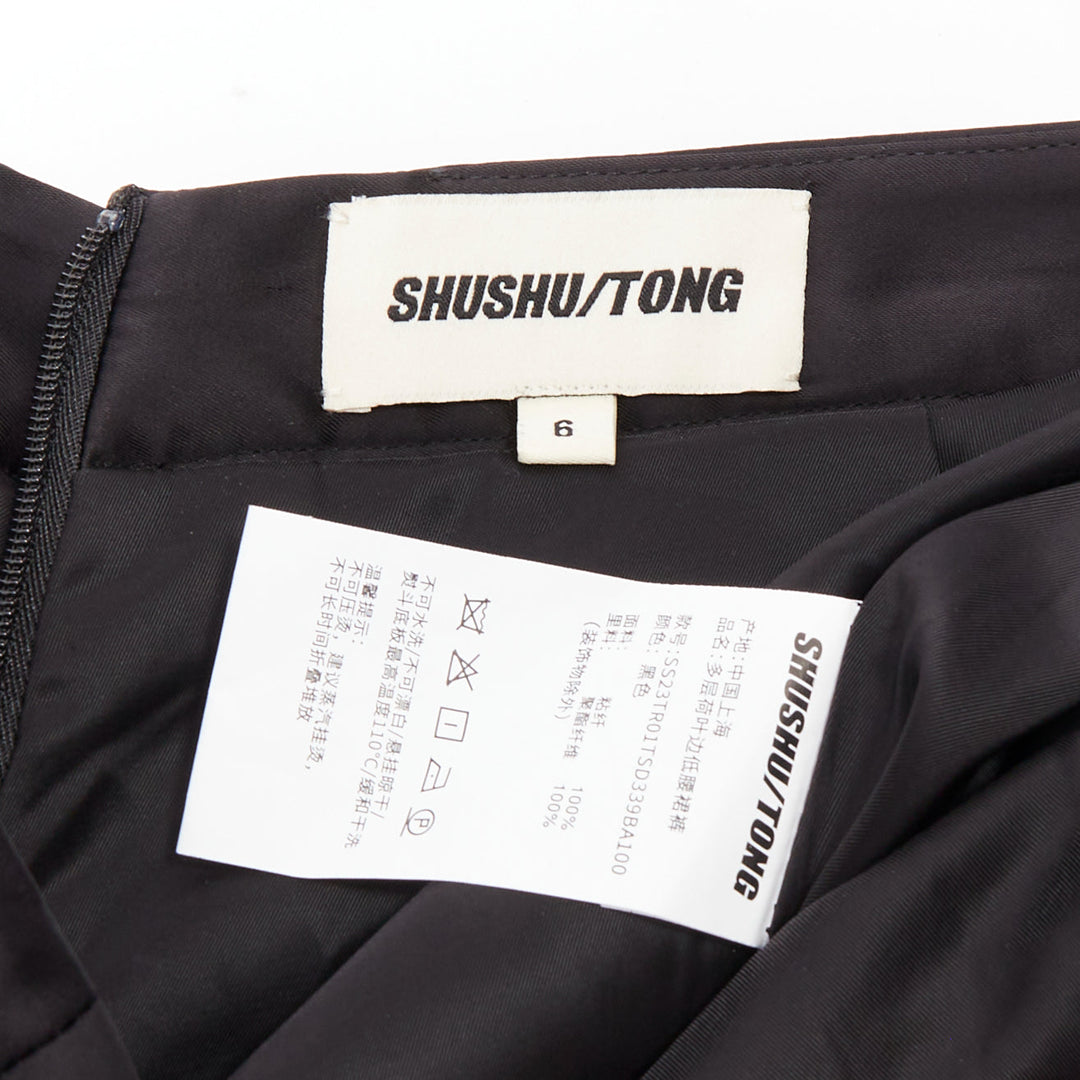 SHUSHU TONG black viscose ruffle tiered crystal bow mini shorts UK6 XS