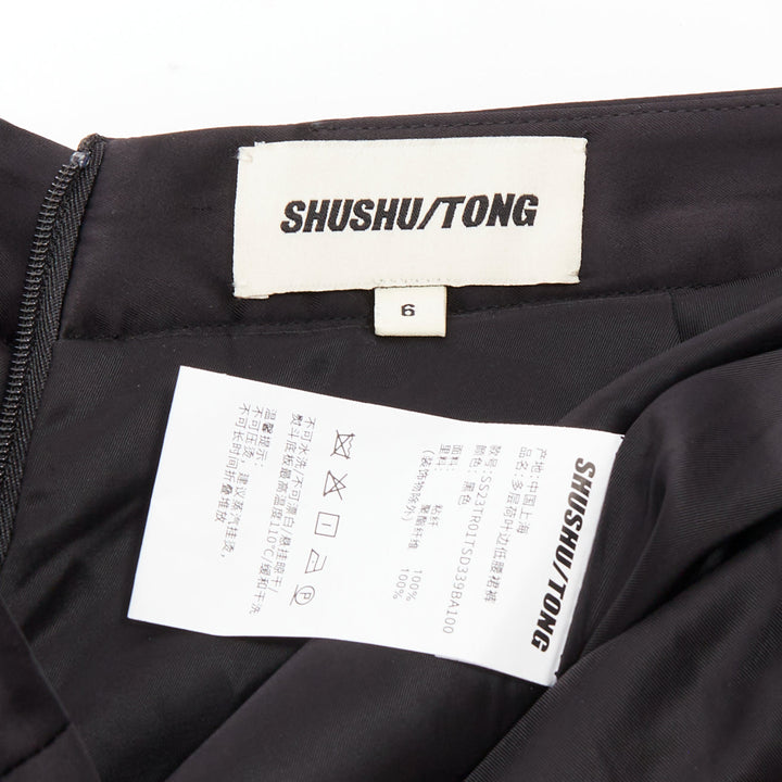 SHUSHU TONG black viscose ruffle tiered crystal bow mini shorts UK6 XS
