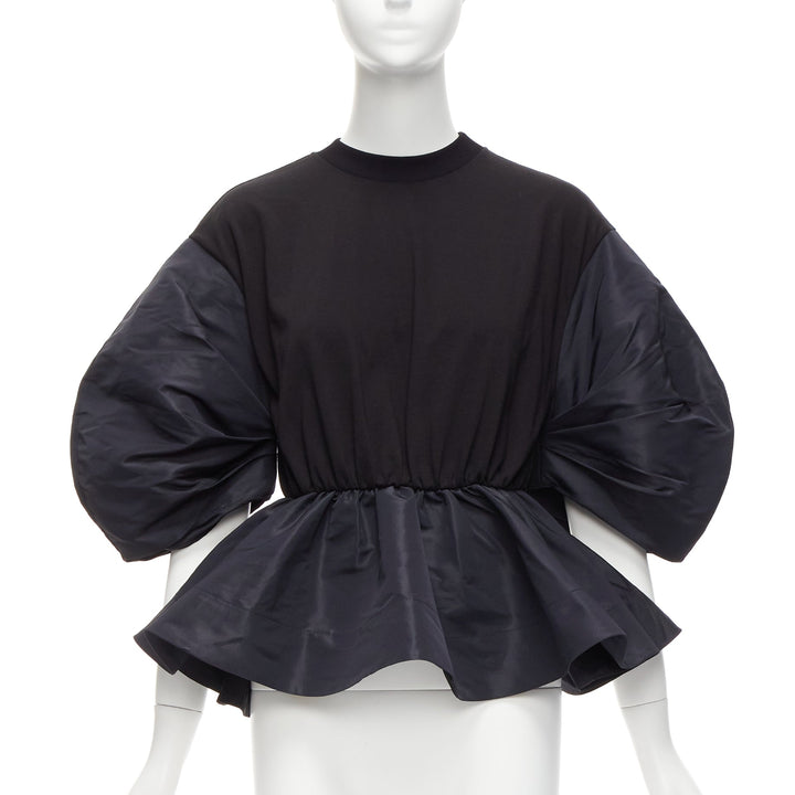 ALEXANDER MCQUEEN 2021 black round puff sleeve peplum contrast top IT36 XXS