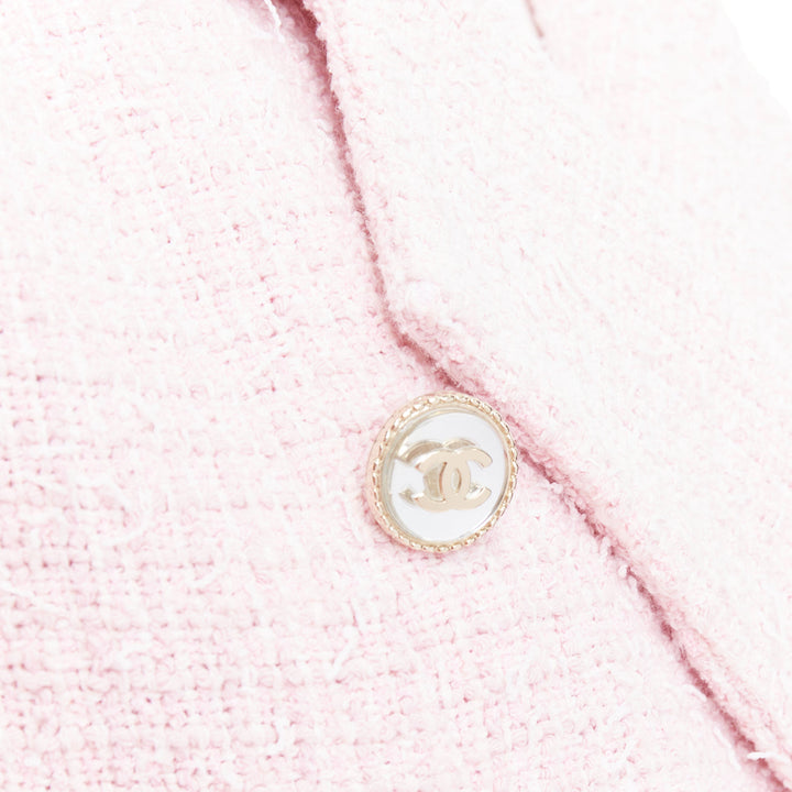 CHANEL 21P pink cotton tweed CC button double breasted cropped jacket FR38 M