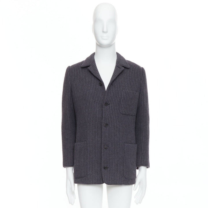 HERMES Angora wool cashgora grey verticle stripe knit blazer FR48 M
