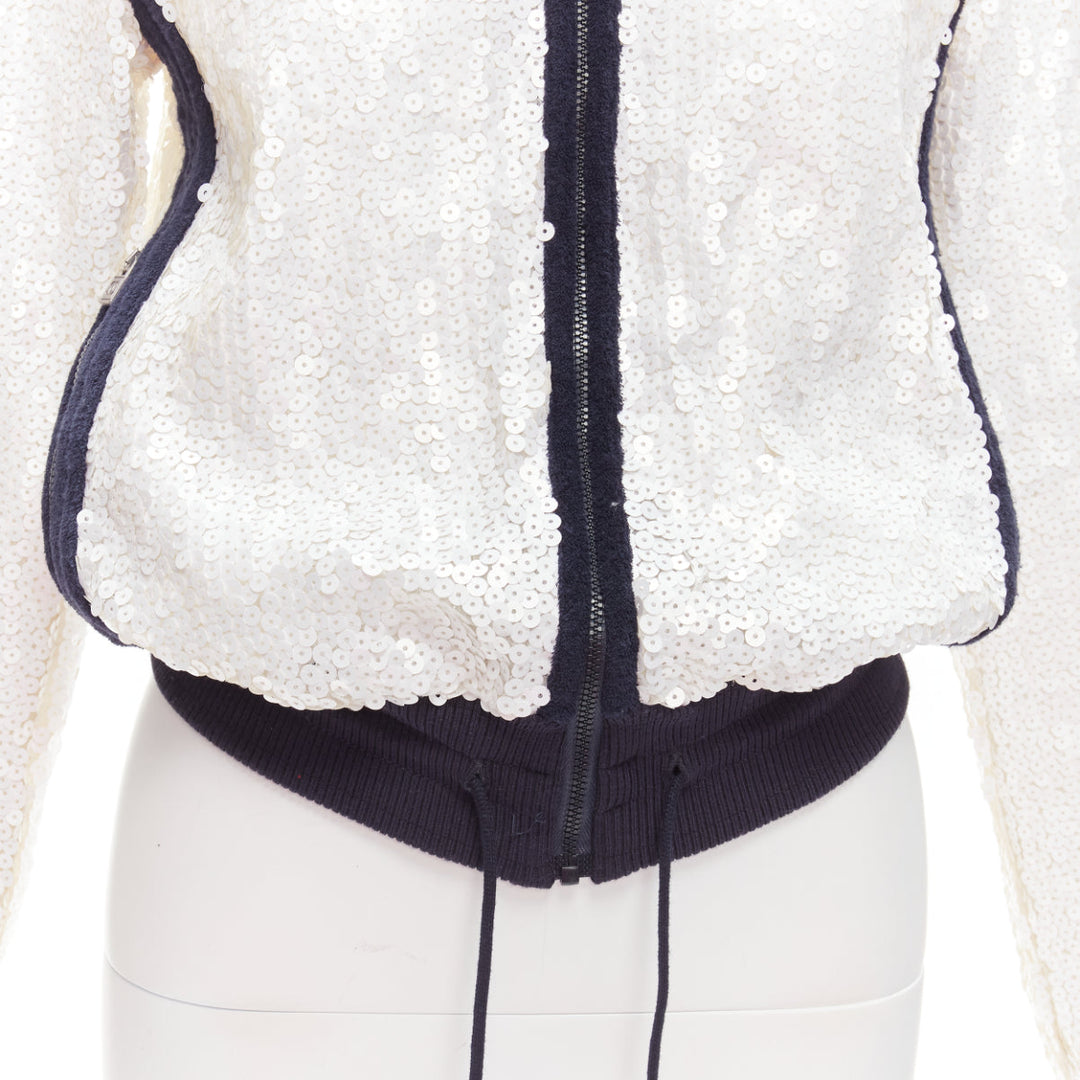 rare CHANEL 08C SPORTS white sequins black trim track jacket FR38 M