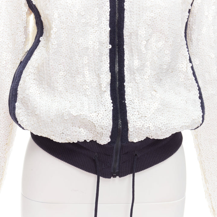 rare CHANEL 08C SPORTS white sequins black trim track jacket FR38 M