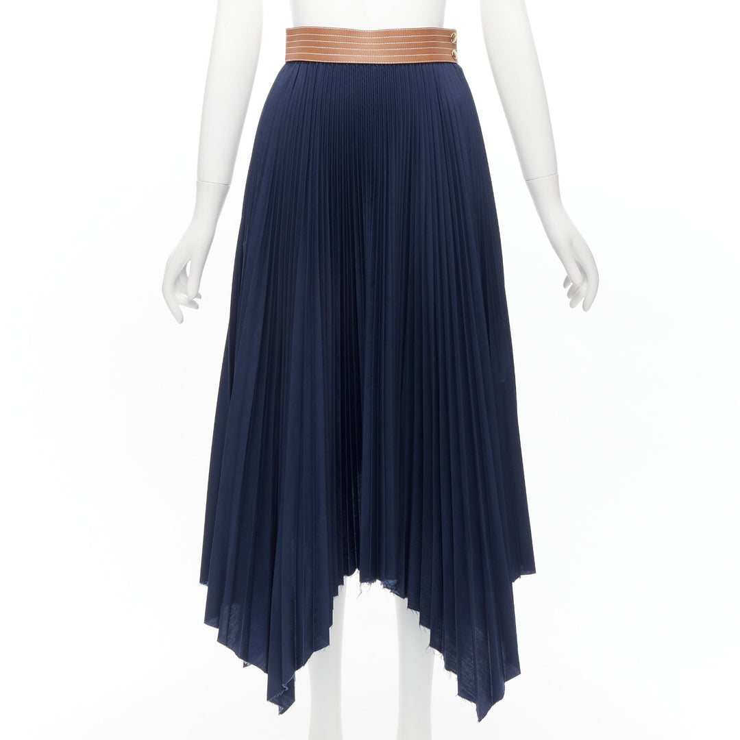 LOEWE brown cowhide leather white topstitched belt navy pleated skirt FR34 XS
