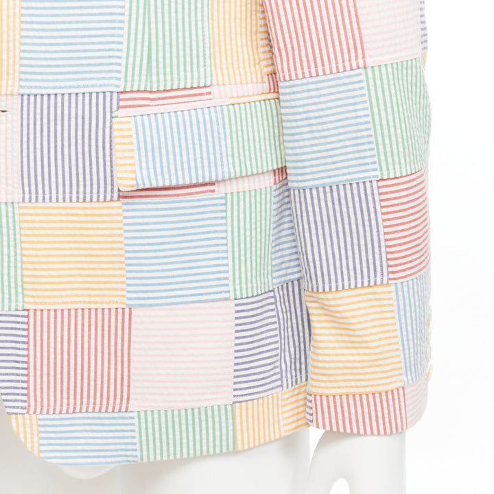 THOM BROWNE colourful stripes patchwork seersucker 2 button blazer jacket Sz 2 M