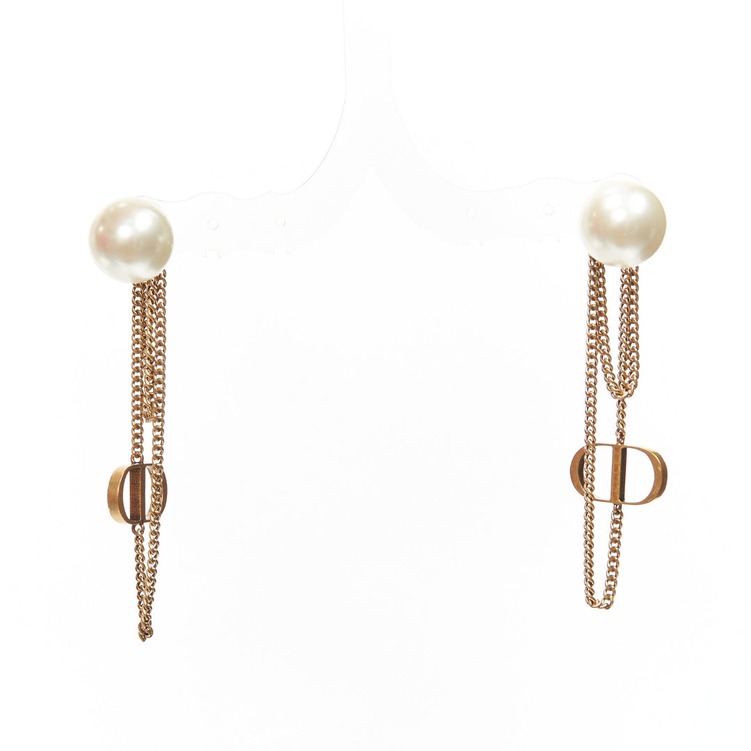 DIOR Tribales double pearls CD charm drop dangling chain pin earrings pair