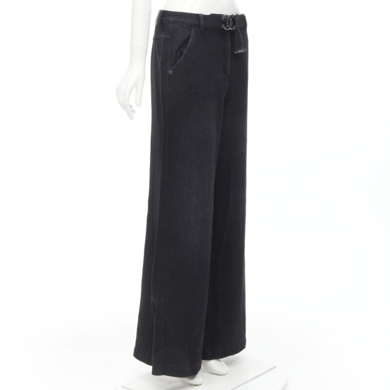 CHANEL Runway cotton black CC chain buckle belt wide leg bell pants FR38 M