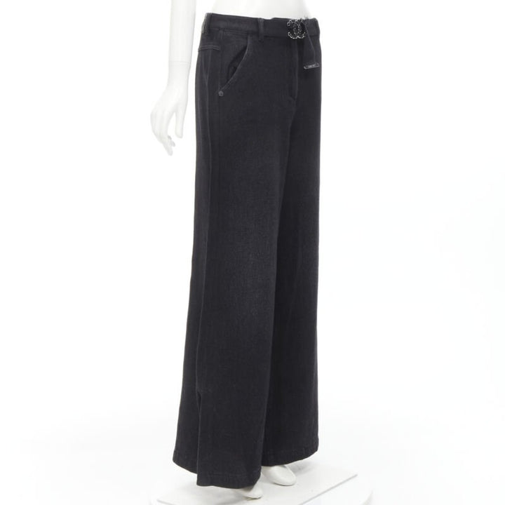 CHANEL Runway cotton black CC chain buckle belt wide leg bell pants FR38 M
