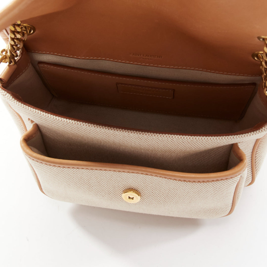 SAINT LAURENT Niki beige canvas brown leather trim logo flap crossbody chain bag