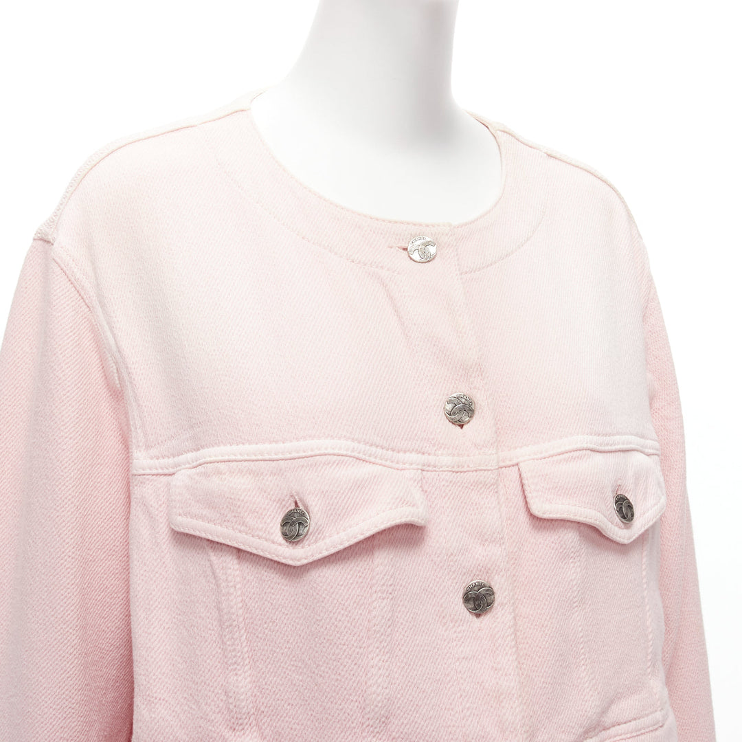CHANEL 2019 pink cotton 4 pockets CC buttons collarless oversized jacket FR34 XS