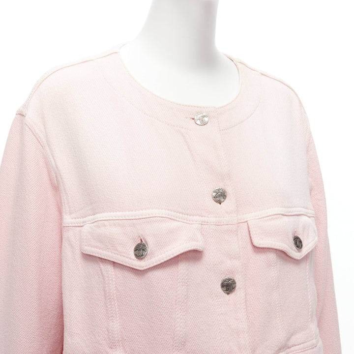 CHANEL 2019 pink cotton 4 pockets CC buttons collarless oversized jacket FR34 XS