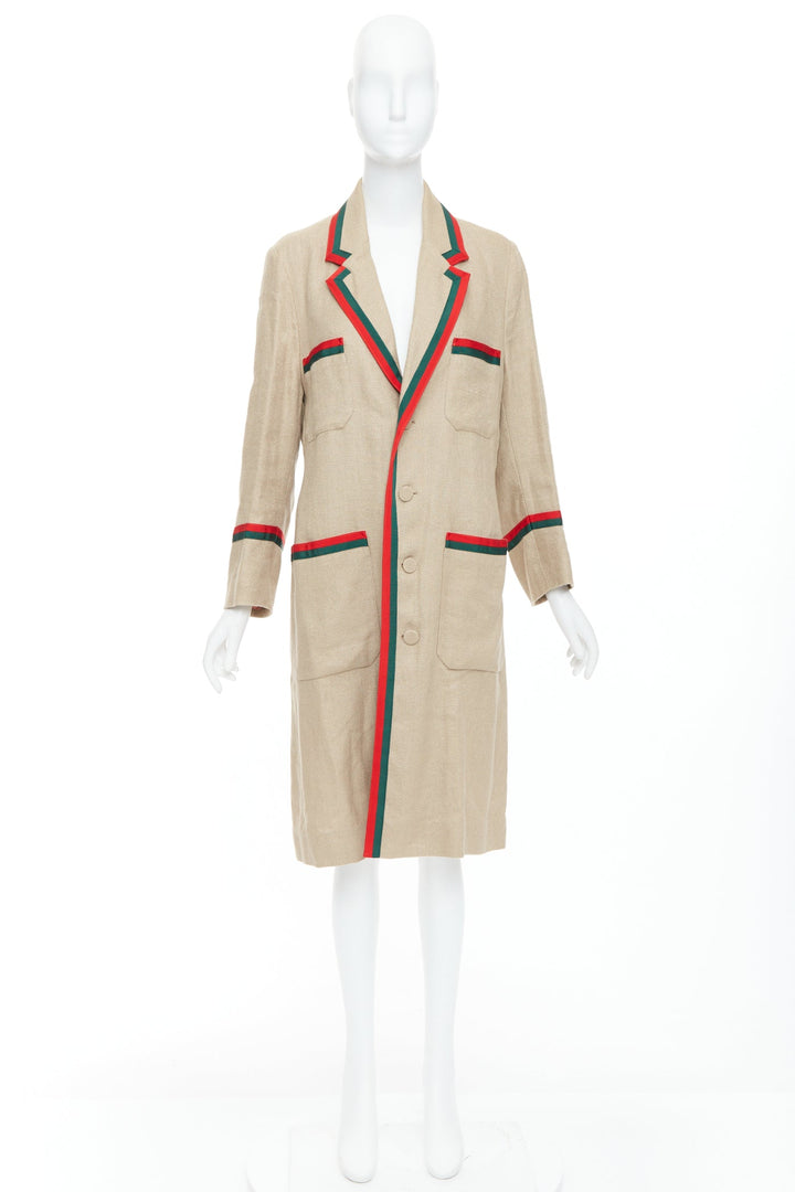 GUCCI Garden Alessandro Michele beige green red web trim long coat