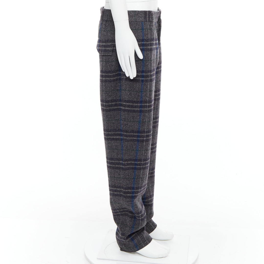 YOHJI YAMAMOTO grey blue 100% wool checkered wide tapered pants JP3 L