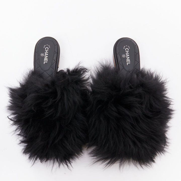 CHANEL black silver CC logo mongolian lamb fur fluffy slippers EU37.5
