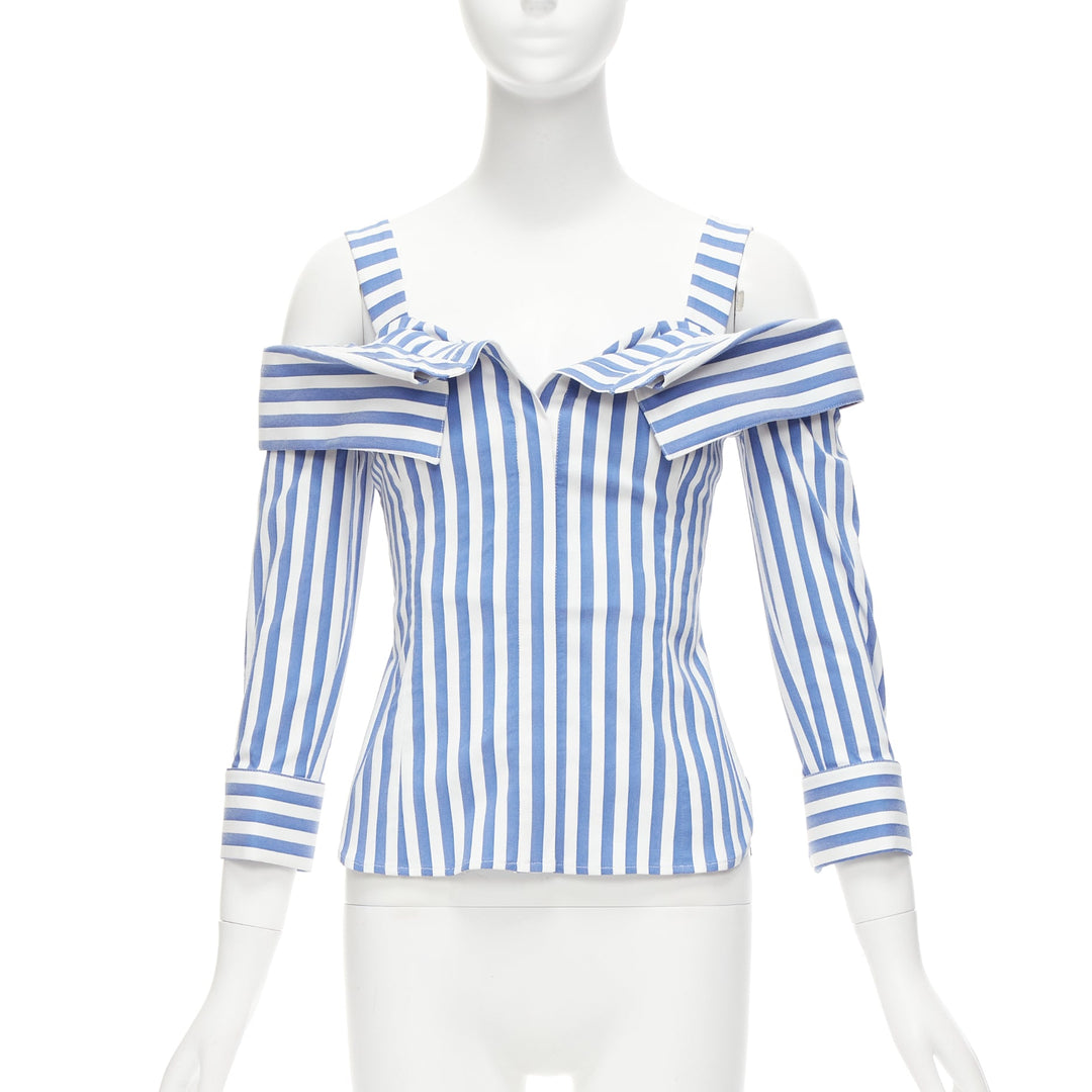 MONSE blue white striped cold shoulder corseted cropped sleeve top US0 XS