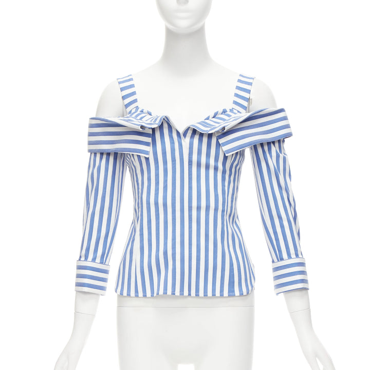 MONSE blue white striped cold shoulder corseted cropped sleeve top US0 XS