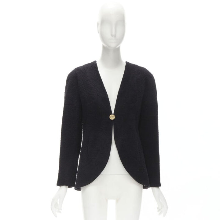 CHANEL 19A black wool boucle gold round shoulder cocoon jacket FR38 M