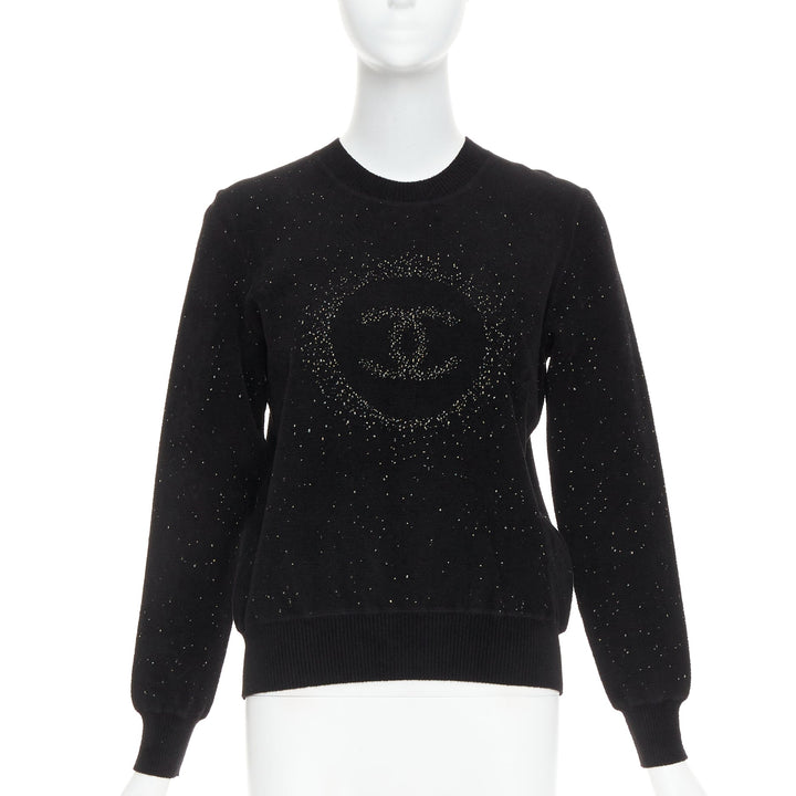 CHANEL black cupro blend CC starburst logo lurex long sleeve sweater FR36 S
