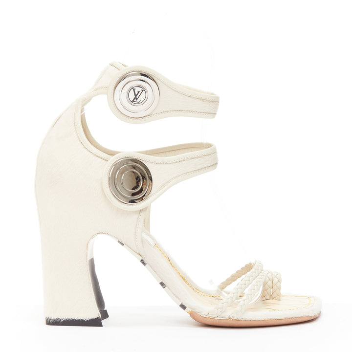 LOUIS VUITTON Anaconda white calf hair silver button braided chunky heel EU37