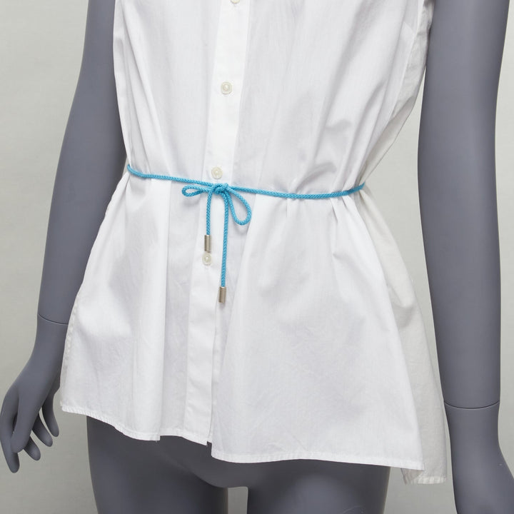 PALMER HARDING blue drawstring tie back white flare sleeveless shirt UK6 XS