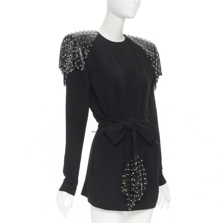 SAINT LAURENT Runway black chainmail stud shoulder pad belted dress FR38 S