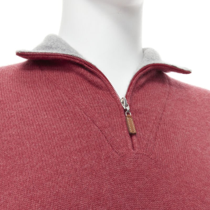 BRUNELLO CUCINELLI 100% cashmere grey collar half zip pullover sweater EU52 XL