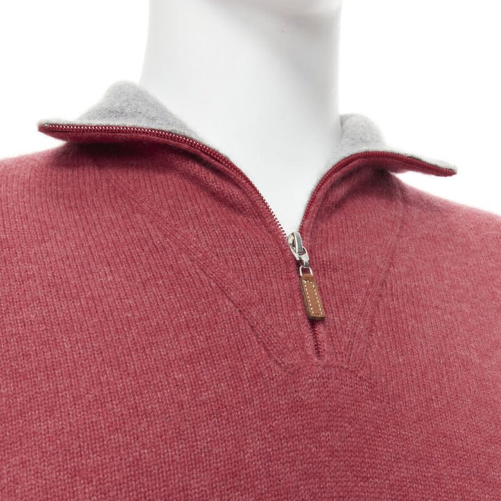 BRUNELLO CUCINELLI 100% cashmere grey collar half zip pullover sweater EU52 XL