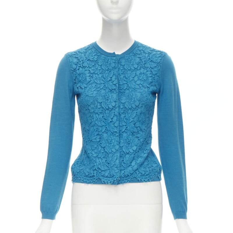 VALENTINO blue floral lace front wool silk cashmere cardigan sweater S