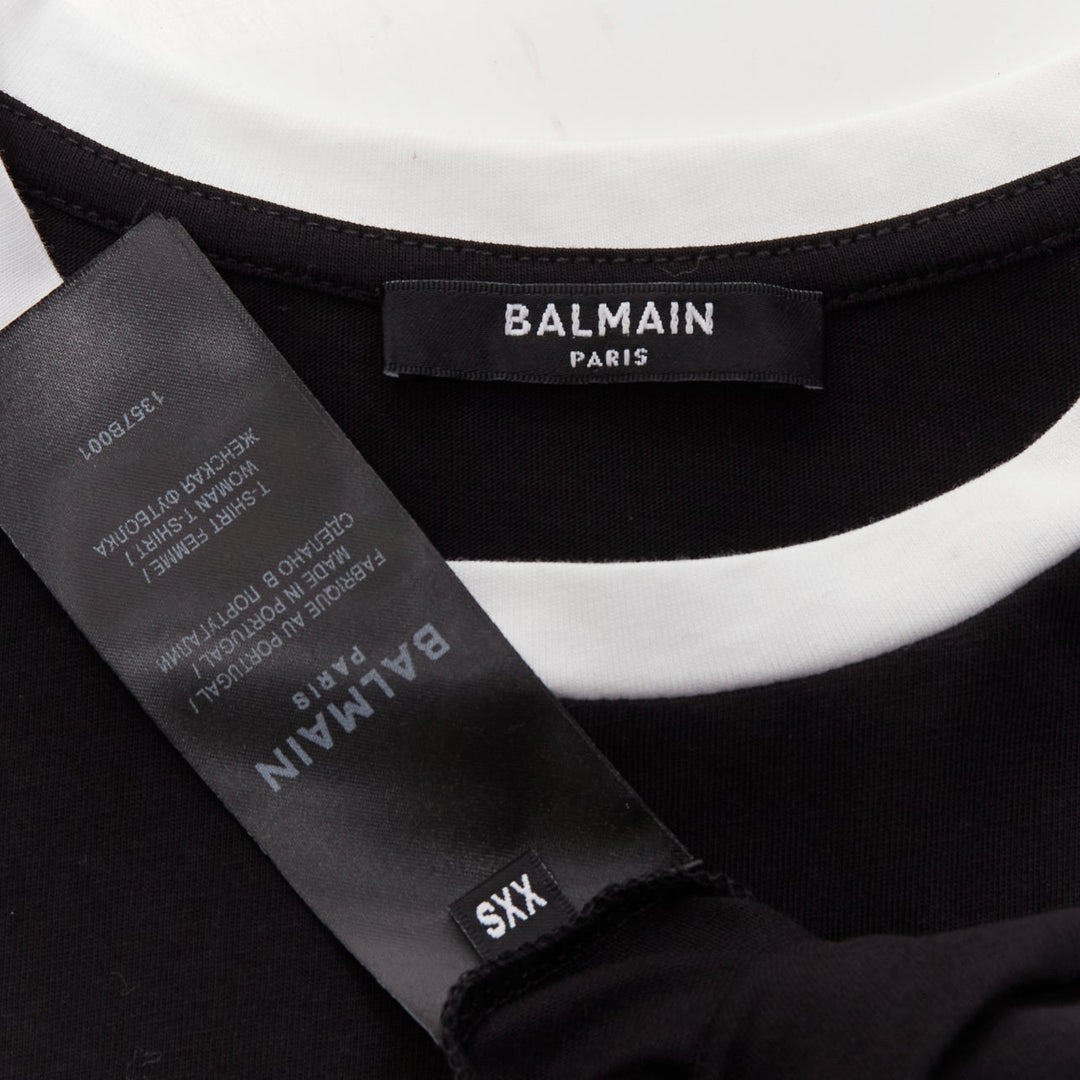 BALMAIN black white logo cap short sleeve ringer cropped tshirt XXS