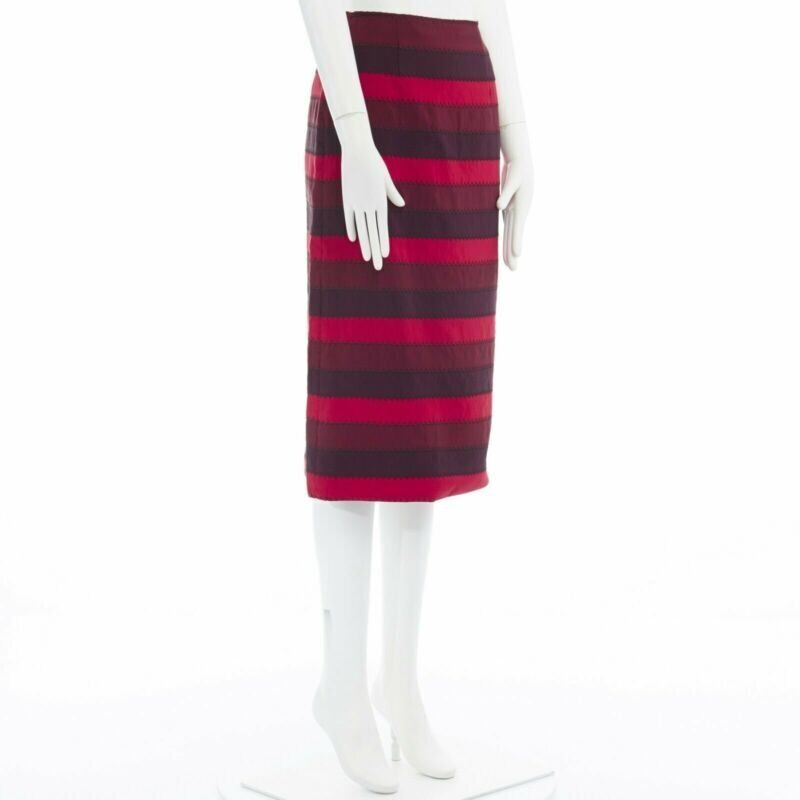 MARY KATRANTZOU red purple stripe ribbon overstitched fitted midi skirt UK8 26"
