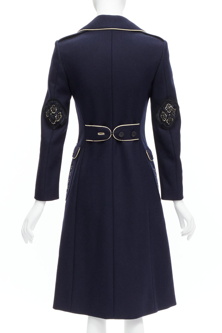 rare PRADA 2004 Runway navy wool grommet leather longline officer coat IT36 XXS