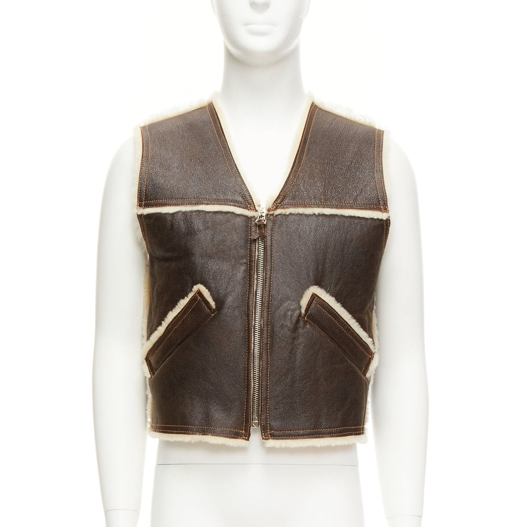 JEAN PAUL GAULTIER JEANS Vintage brown shearling lined logo zip vest FR42 XXS