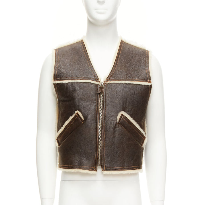 JEAN PAUL GAULTIER JEANS Vintage brown shearling lined logo zip vest FR42 XXS