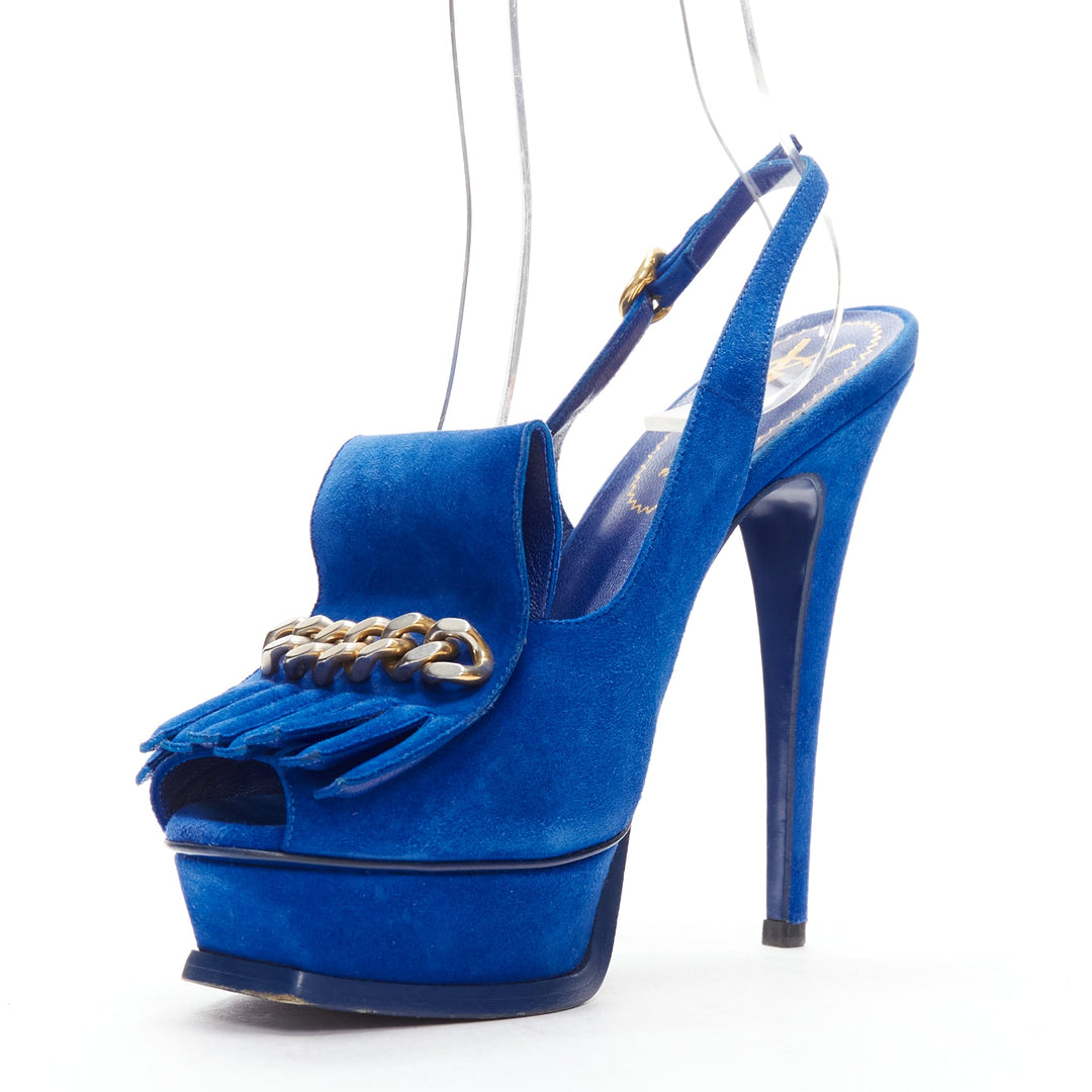 YVES SAINT LAURENT Tribute cobalt blue suede fringe chain platform EU37.5