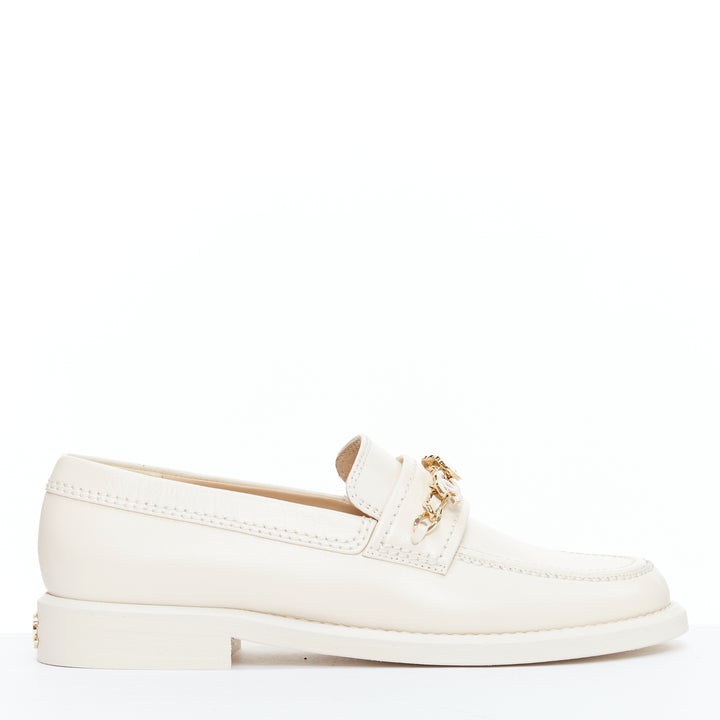 CHANEL 22C ivory CC heart flower charm chain leather loafers EU37
